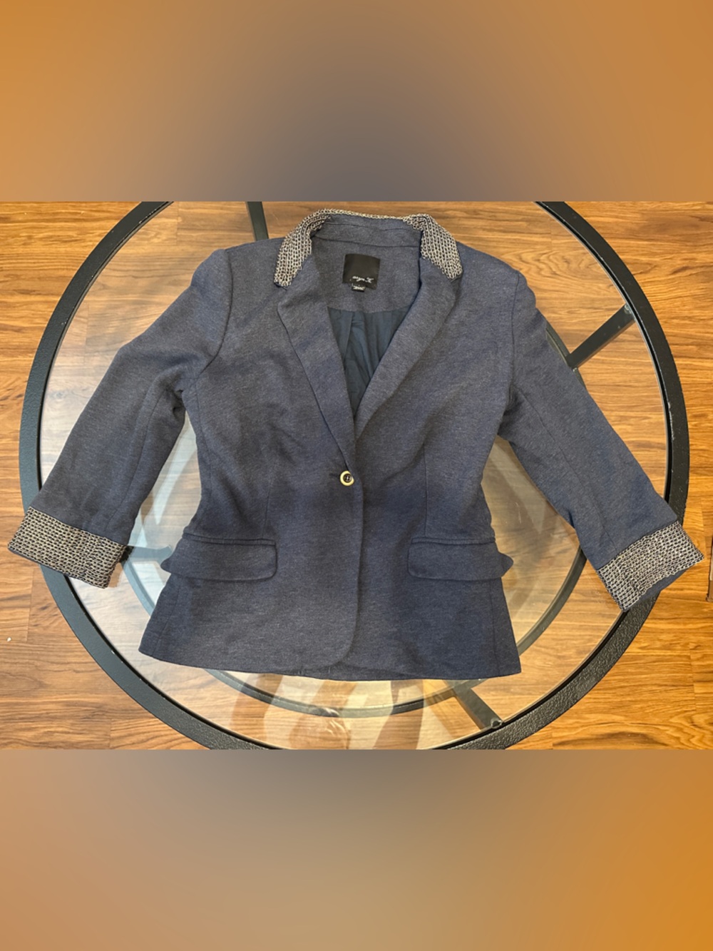 Aryn K Navy Blazer Women Size L with silver chain Collar and Cuff